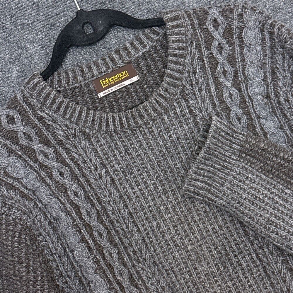 Fisherman Out of Ireland Sweater Mens XL Gray Wool Pullover Striped Chunky Knit